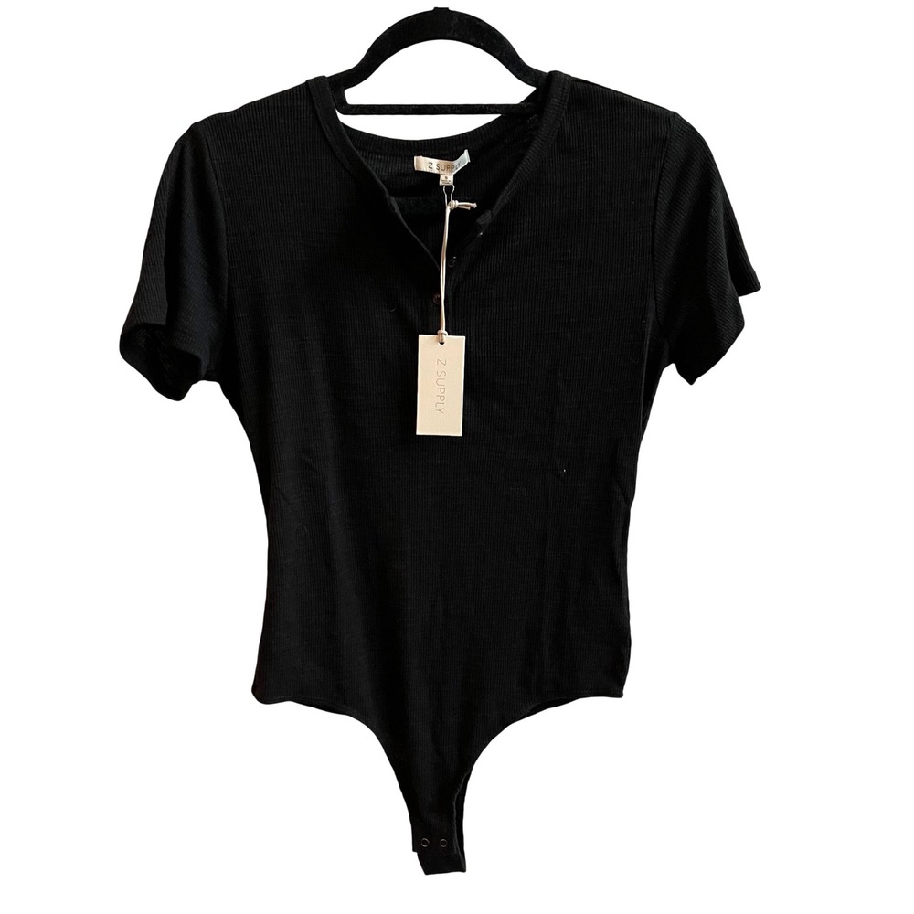 Z Supply Henley Bodice Women S Black Ribbed Short Sleeve Snap Closure ZT211321